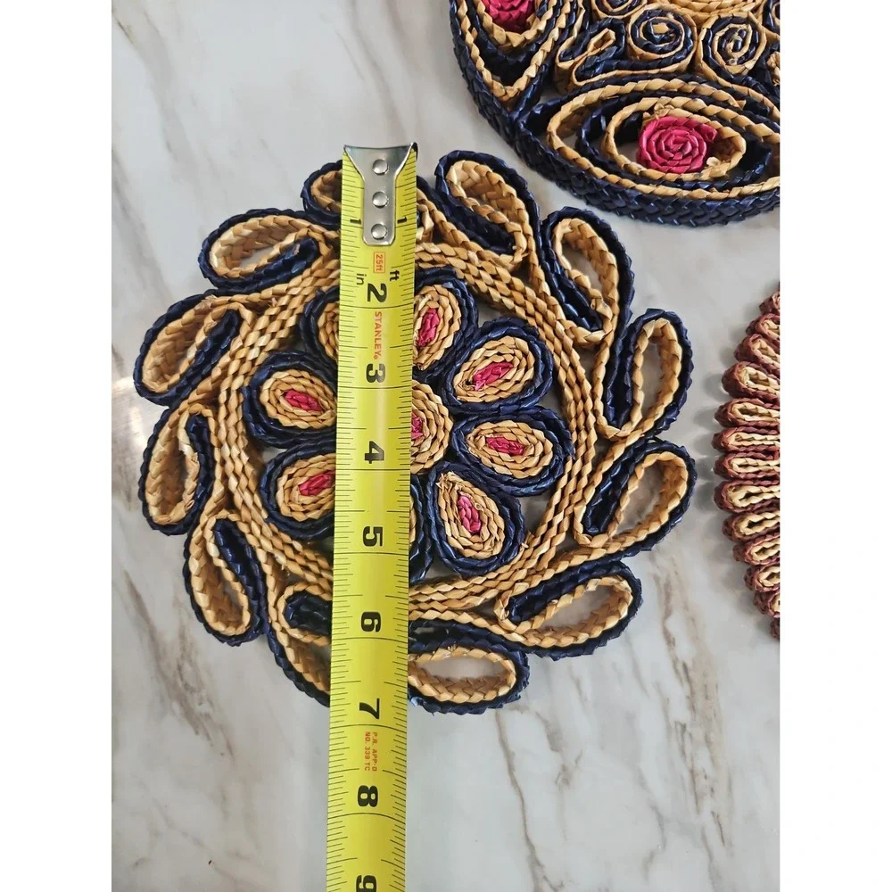 3 Vintage 60's Pot Holder Boho Woven Rattan Wicker Straw Trivet Hot Pads